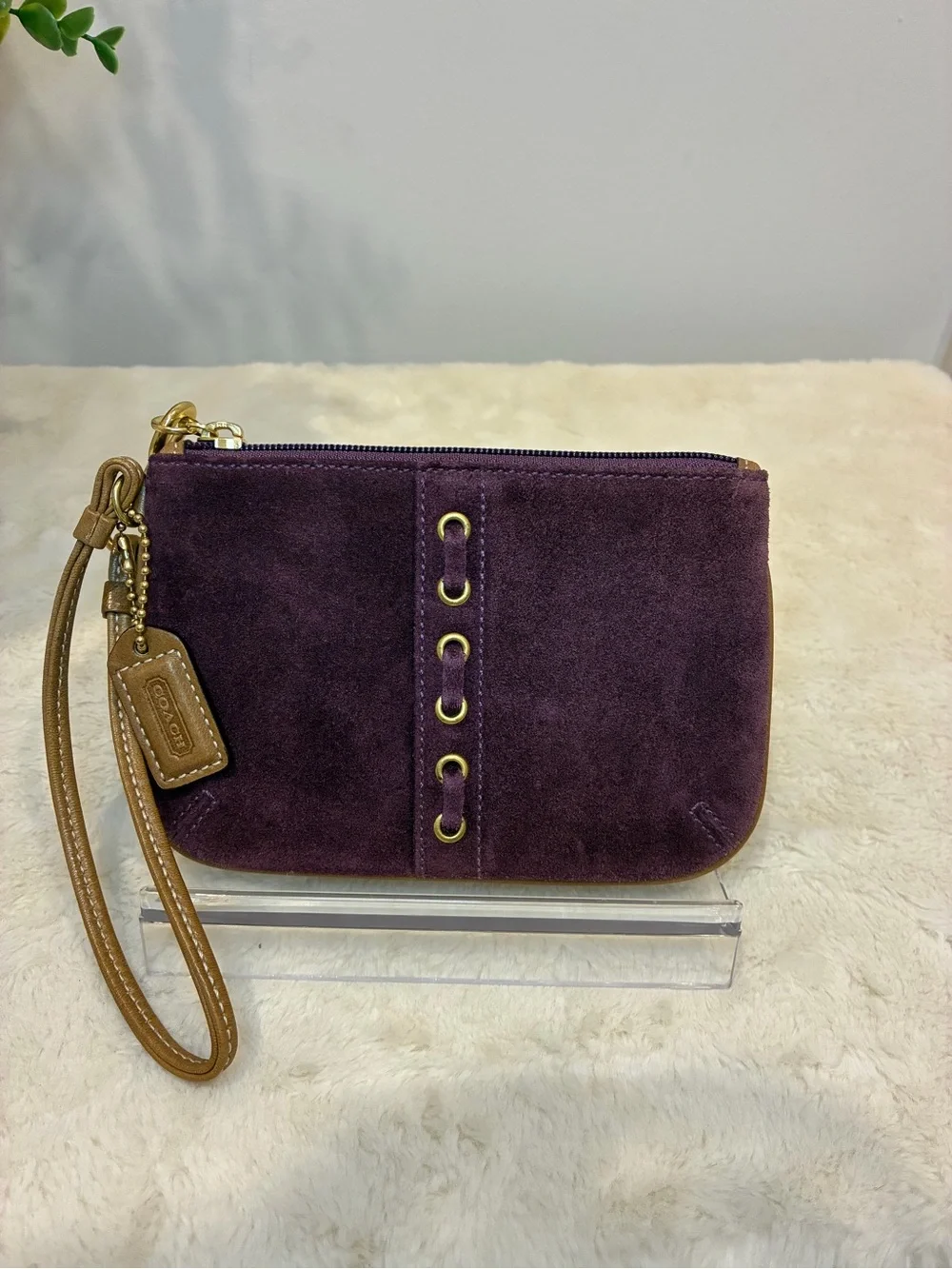 Coach Purple Suede Wristlet Clutch Brown Leather Trim Brass Grommet Y2K Vintage